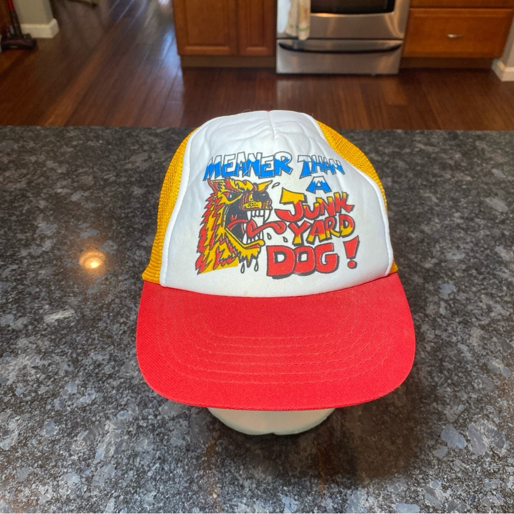 1980s MEANER THAN A JUNKYARD DOG FOAM TRUCKER BLUE BASEBALL CAP HAT VINTAGE
